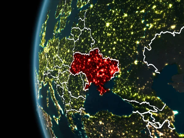 Umlaufbahn Ansicht Der Ukraine Rot Hervorgehoben Mit Sichtbaren Grenzlinien Und — Stockfoto