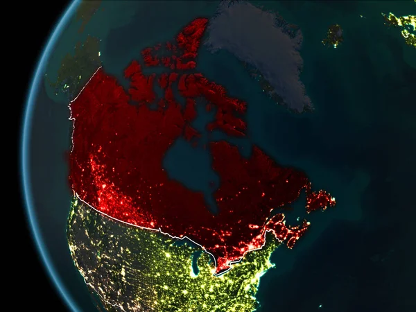 カナダのオービット ビューは 夜は地球上のライトに可視境界線と市赤で強調表示 イラスト Nasa から提供されたこのイメージの要素 — ストック写真