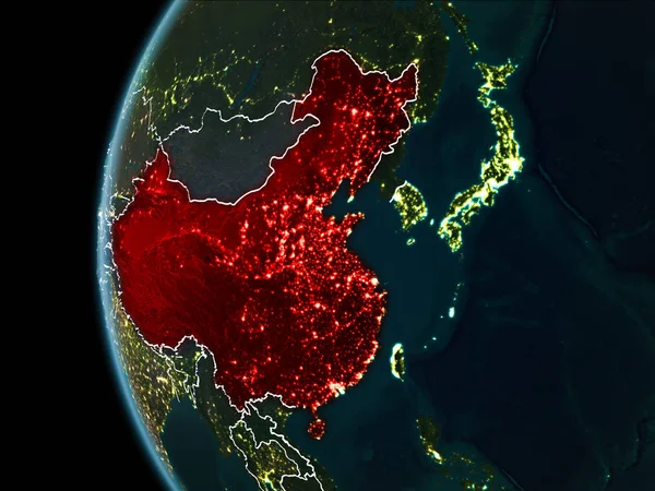 Orbit View China Highlighted Red Visible Borderlines City Lights Planet — Stock Photo, Image