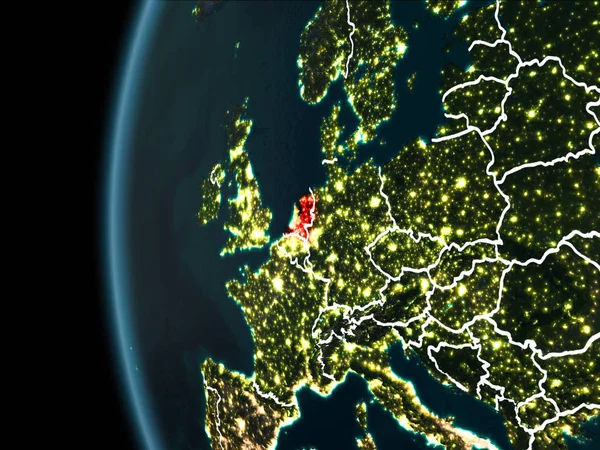Pohled Oběžné Dráze Nizozemsko Zvýrazněny Červeně Viditelné Hranice Město Světla — Stock fotografie