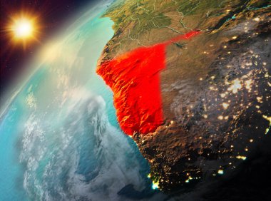 Dünya yörüngesine günbatımı sırasında görülen Namibya Illustration. 3D çizim. Nasa tarafından döşenmiş bu görüntü unsurları.