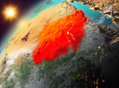 Dünya yörüngesine günbatımı sırasında görülen Sudan Illustration. 3D çizim. Nasa tarafından döşenmiş bu görüntü unsurları.