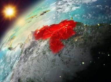 Dünya yörüngesine günbatımı sırasında görülen Venezuela Illustration. 3D çizim. Nasa tarafından döşenmiş bu görüntü unsurları.