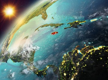 Dünya yörüngesine günbatımı sırasında görülen Jamaika Illustration. 3D çizim. Nasa tarafından döşenmiş bu görüntü unsurları.