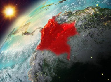 Dünya yörüngesine günbatımı sırasında görülen Kolombiya Illustration. 3D çizim. Nasa tarafından döşenmiş bu görüntü unsurları.