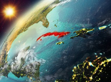 Dünya yörüngesine günbatımı sırasında görülen Küba Illustration. 3D çizim. Nasa tarafından döşenmiş bu görüntü unsurları.