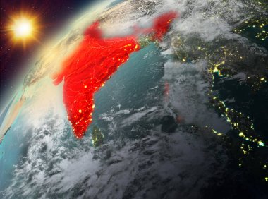 Dünya yörüngesine günbatımı sırasında görülen Hindistan Illustration. 3D çizim. Nasa tarafından döşenmiş bu görüntü unsurları.