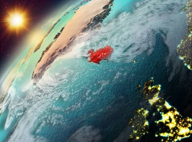 Dünya yörüngesine günbatımı sırasında görülen İzlanda Illustration. 3D çizim. Nasa tarafından döşenmiş bu görüntü unsurları.