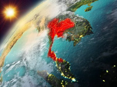 Dünya yörüngesine günbatımı sırasında görülen Tayland Illustration. 3D çizim. Nasa tarafından döşenmiş bu görüntü unsurları.