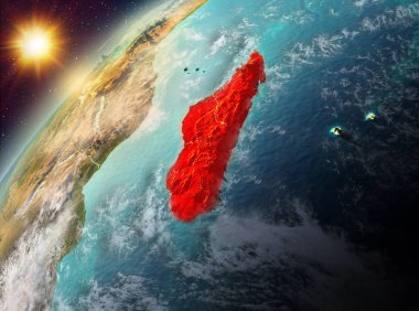 Dünya yörüngesine günbatımı sırasında görülen Madagaskar Illustration. 3D çizim. Nasa tarafından döşenmiş bu görüntü unsurları.