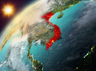 Dünya yörüngesine günbatımı sırasında görülen Vietnam Illustration. 3D çizim. Nasa tarafından döşenmiş bu görüntü unsurları.