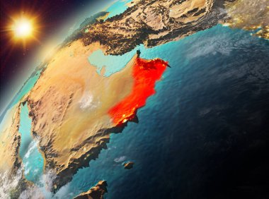 Dünya yörüngesine günbatımı sırasında görülen Umman Illustration. 3D çizim. Nasa tarafından döşenmiş bu görüntü unsurları.