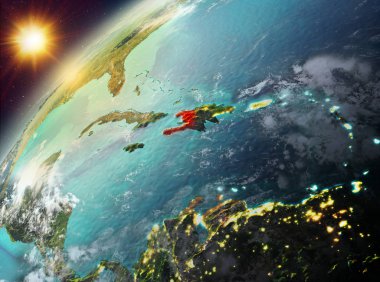Dünya yörüngesine günbatımı sırasında görülen Haiti Illustration. 3D çizim. Nasa tarafından döşenmiş bu görüntü unsurları.