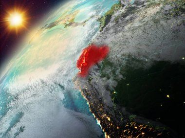 Dünya yörüngesine günbatımı sırasında görülen Ekvador Illustration. 3D çizim. Nasa tarafından döşenmiş bu görüntü unsurları.