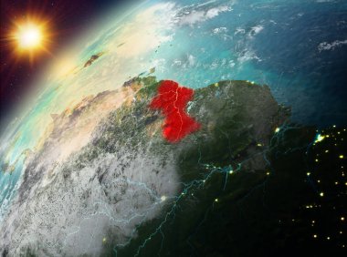 Dünya yörüngesine günbatımı sırasında görülen Guyana Illustration. 3D çizim. Nasa tarafından döşenmiş bu görüntü unsurları.
