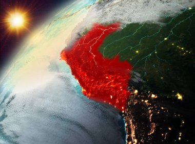 Dünya yörüngesine günbatımı sırasında görülen Peru Illustration. 3D çizim. Nasa tarafından döşenmiş bu görüntü unsurları.