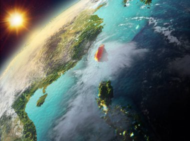 Dünya yörüngesine günbatımı sırasında görülen Tayvan Illustration. 3D çizim. Nasa tarafından döşenmiş bu görüntü unsurları.