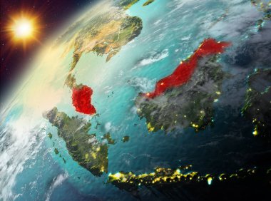 Dünya yörüngesine günbatımı sırasında görülen Malezya Illustration. 3D çizim. Nasa tarafından döşenmiş bu görüntü unsurları.