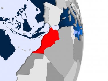 Uruguay kırmızı şeffaf okyanuslar ile siyasi dünya modeli. 3D çizim.