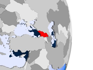 Suriye kırmızı şeffaf okyanuslar ile siyasi dünya modeli. 3D çizim.