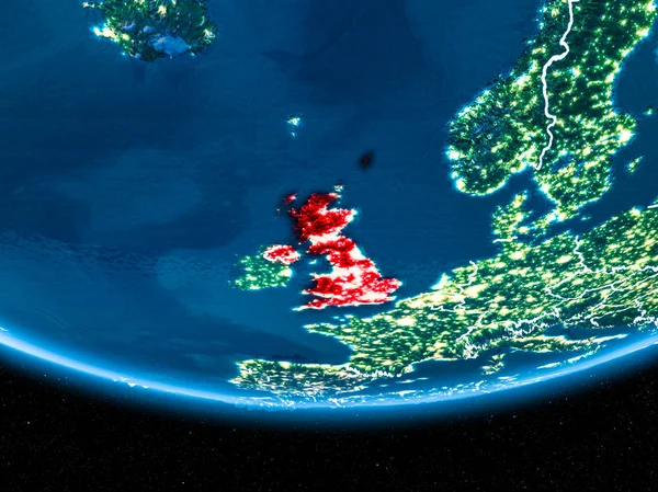 Velká Británie na planetě Zemi z vesmíru v noci — Stock fotografie