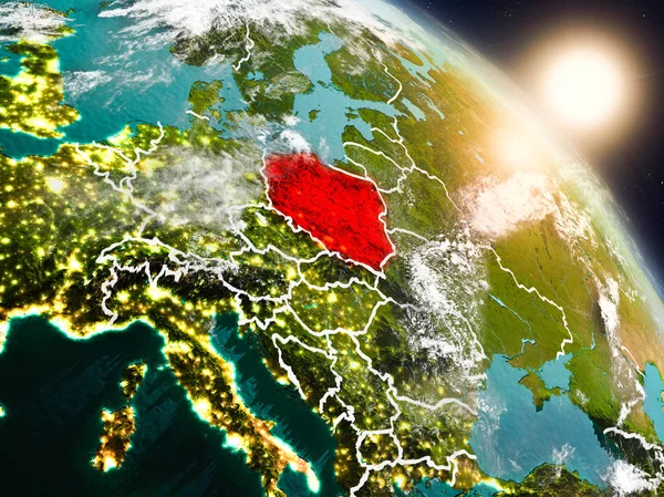Polonia desde el espacio durante el amanecer —  Fotos de Stock