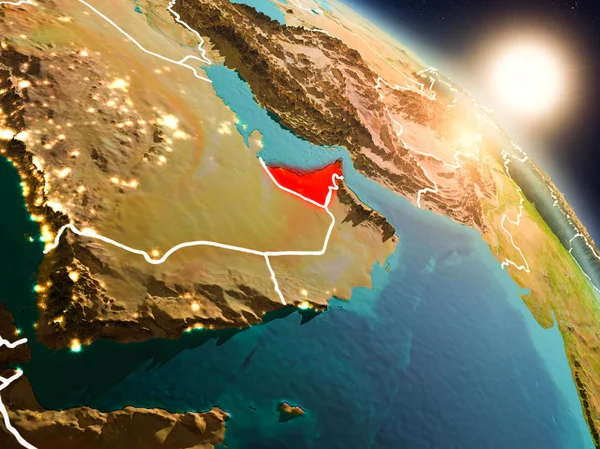 Birleşik Arap Emirlikleri gündoğumu sırasında uzaydan — Stok fotoğraf