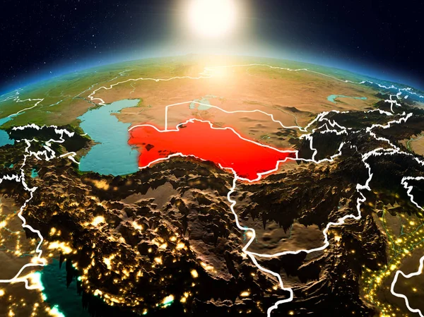 Turkmenistán en la salida del sol de la órbita —  Fotos de Stock