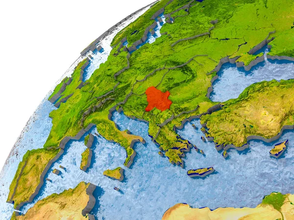 Kaart van Servië in het rood op wereldbol — Stockfoto