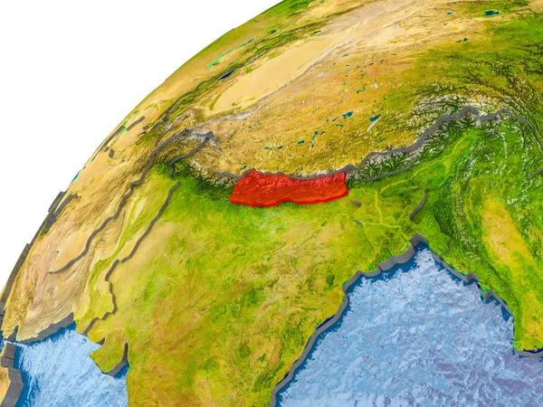 Map of Nepal in red on globe