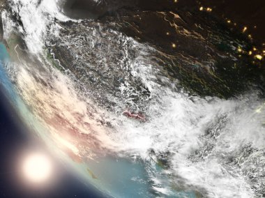 Günbatımı Bhutan uzaydan yukarıda