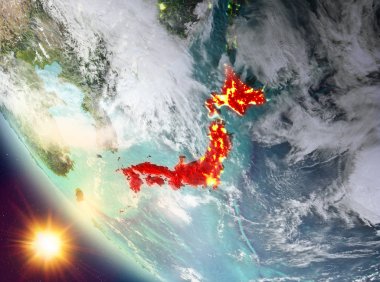 Japonya dünyada yukarıda günbatımı