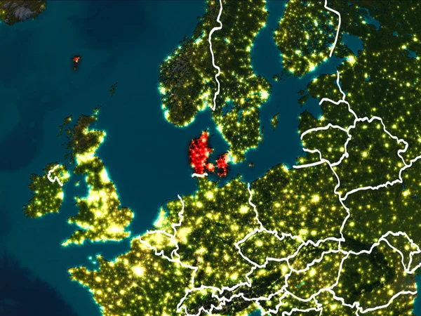 Mapa Danii w nocy — Zdjęcie stockowe