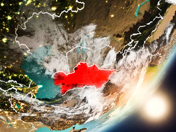 Sol saliendo sobre Turkmenistán desde el espacio —  Fotos de Stock