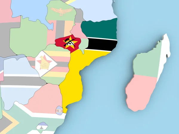 Karte von Mosambik mit Flagge auf Globus — Stockfoto