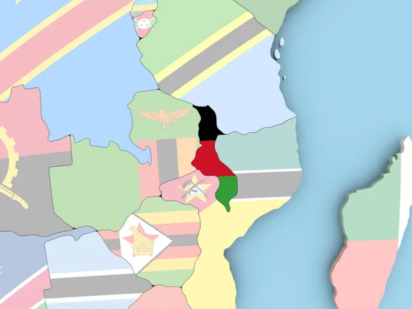 Map of Malawi with flag on globe — Stock Photo, Image