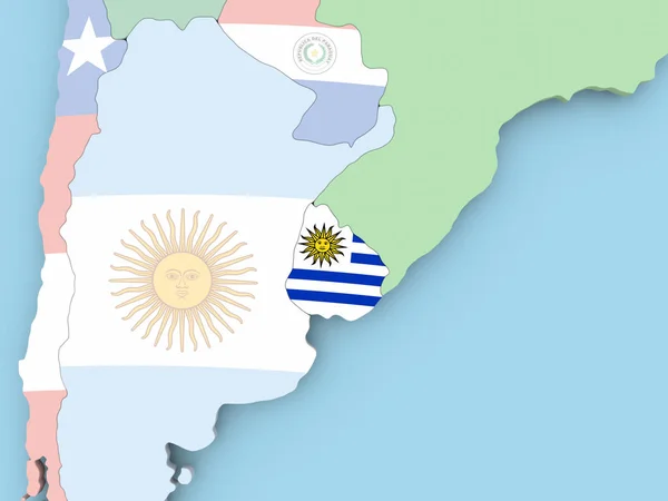 Карта Уругваю з прапором по всьому світу — стокове фото
