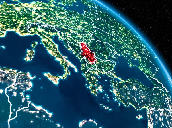 Вигляд з супутника Сербії вночі — стокове фото