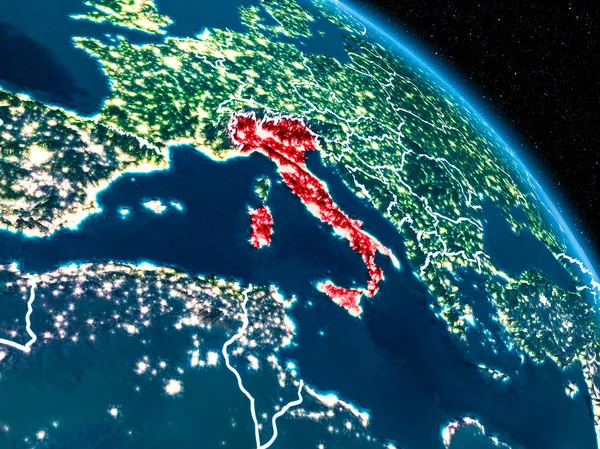 Вигляд з супутника Італії вночі — стокове фото