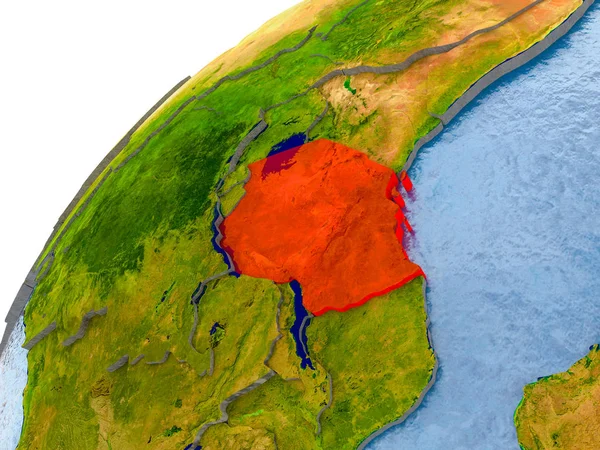 Kaart van Tanzania in het rood op wereldbol — Stockfoto