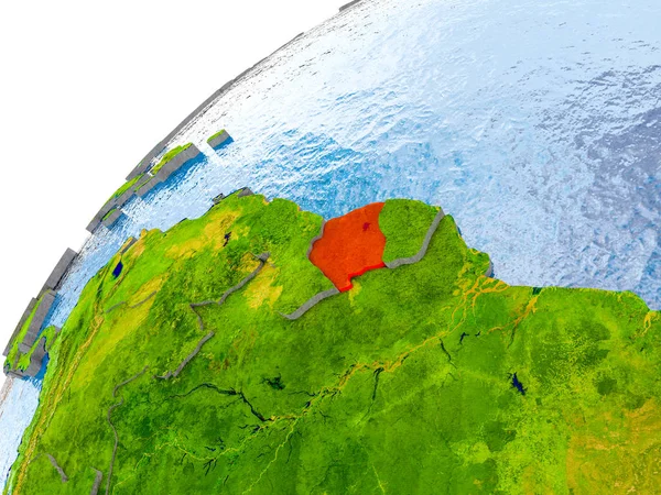 Kaart van Suriname in het rood op wereldbol — Stockfoto