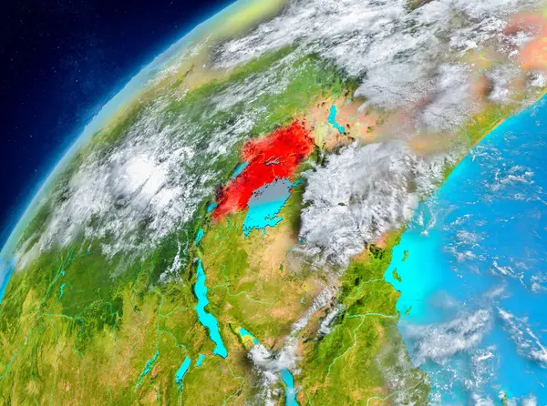 Vista espacial de Uganda en rojo — Foto de Stock