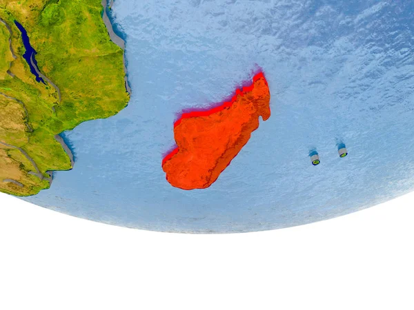 Madagaskar in rot auf der Erde Modell — Stockfoto
