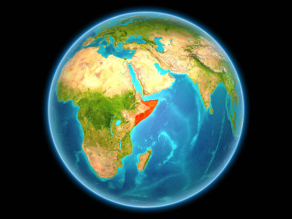 Somalia in red on planet Earth as seen from space on full sphere. 3D illustration. Elements of this image furnished by NASA.