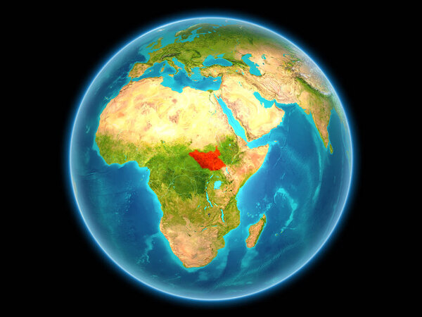 South Sudan in red on planet Earth as seen from space on full sphere. 3D illustration. Elements of this image furnished by NASA.