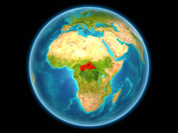 Central Africa in red on planet Earth as seen from space on full sphere. 3D illustration. Elements of this image furnished by NASA.
