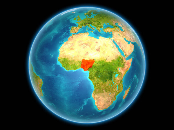 Nigeria in red on planet Earth as seen from space on full sphere. 3D illustration. Elements of this image furnished by NASA.