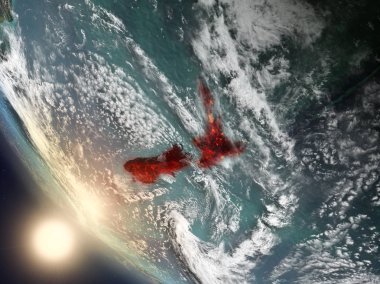 Yeni Zelanda uzaydan yukarıda günbatımı