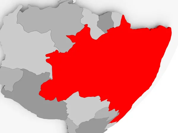 Brazilië in het rood op grijze kaart — Stockfoto