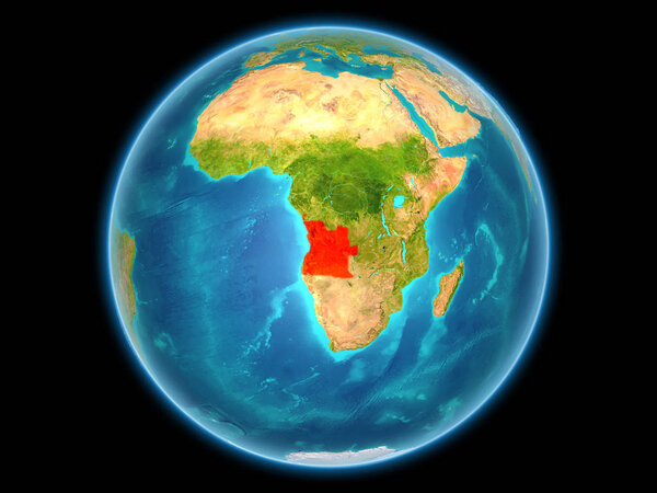 Angola in red on planet Earth as seen from space on full sphere. 3D illustration. Elements of this image furnished by NASA.
